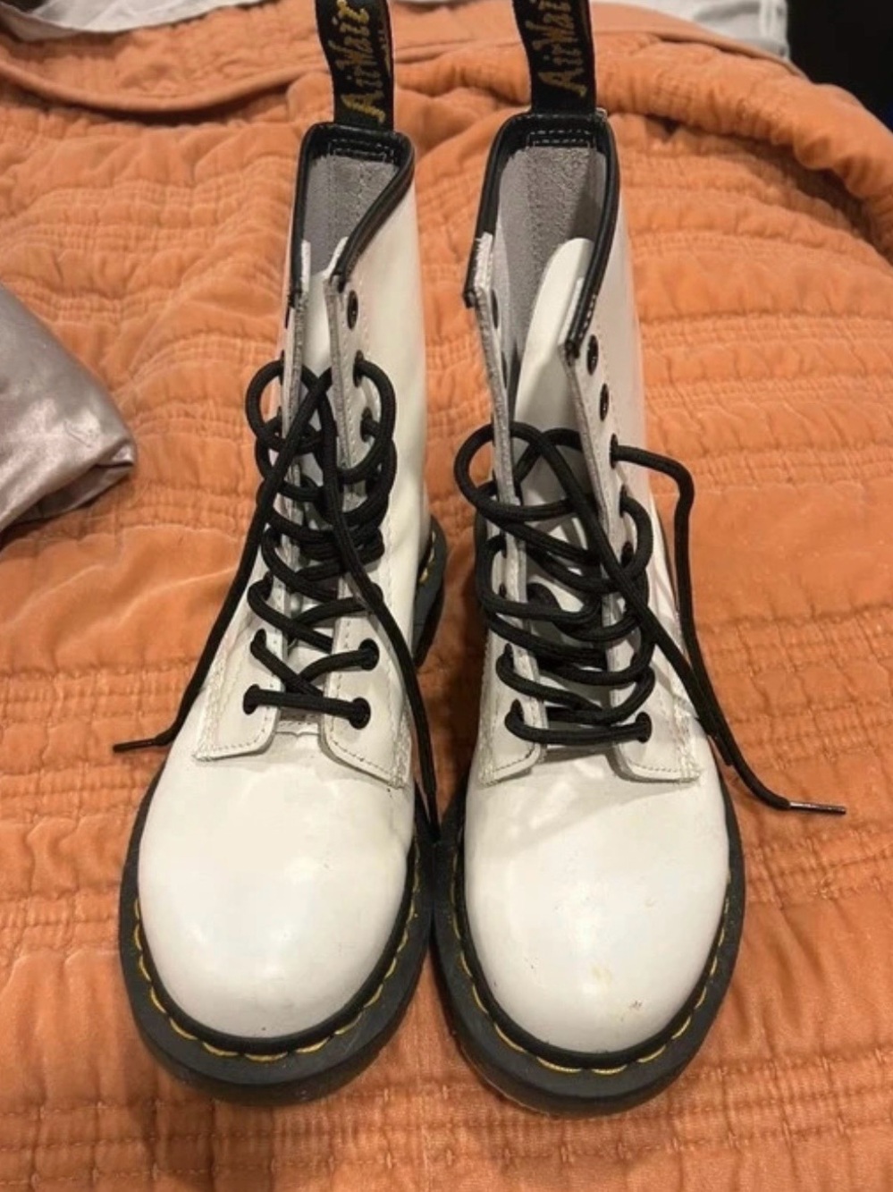 Dr. Martens White Leather Lace-Up Combat Boots with Black Trim